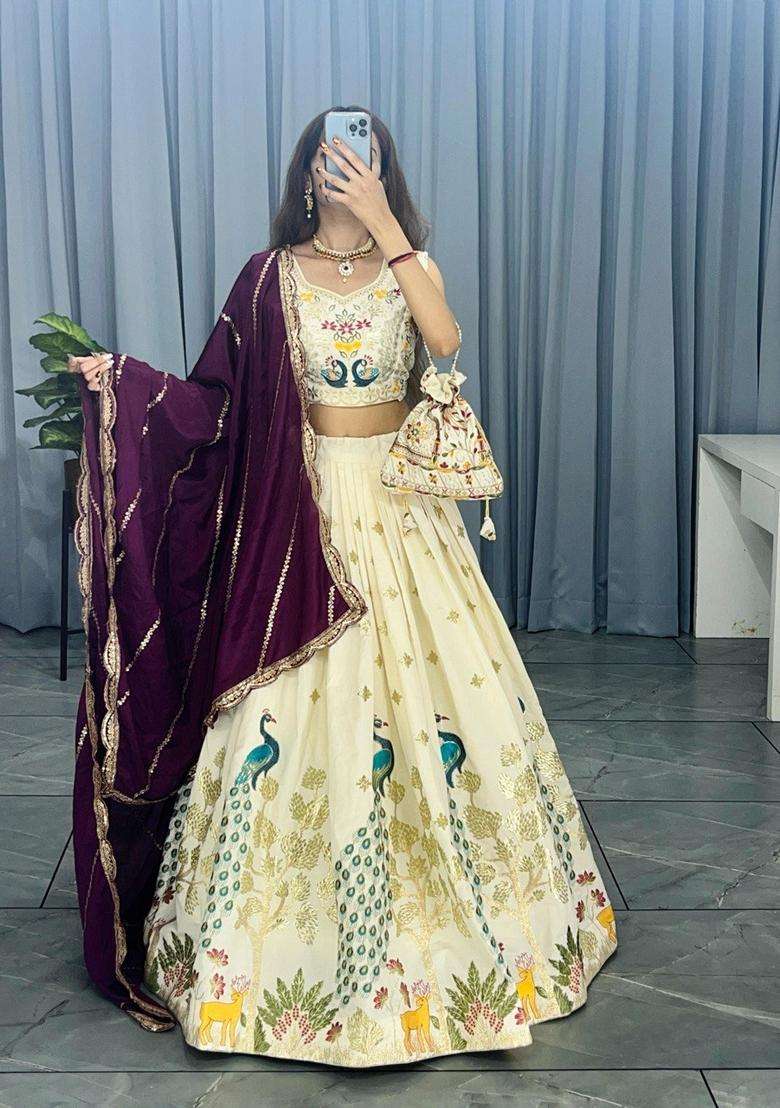 Cream Embroidery Cotton Lehenga Set - Indya