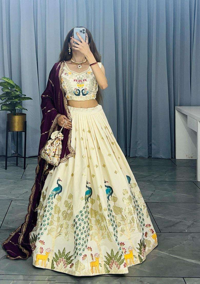 Cream Embroidery Cotton Lehenga Set - Indya