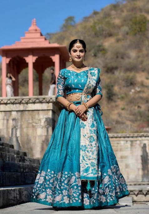 Cyan Printed Silk Lehenga Set