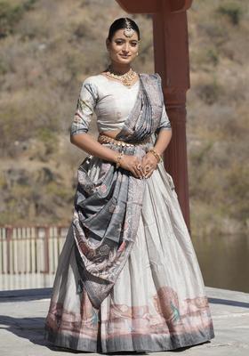 Grey Printed Silk Lehenga Set