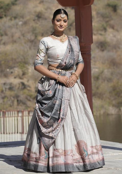 Grey Printed Silk Lehenga Set