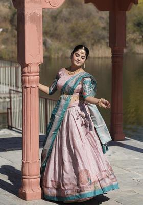 Pink Printed Silk Lehenga Set
