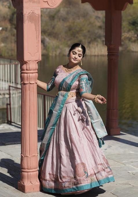 Pink Printed Silk Lehenga Set