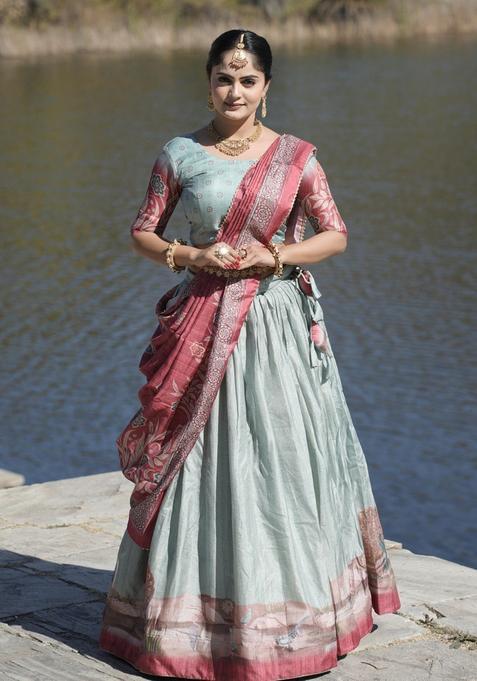 Pista Printed Silk Lehenga Set