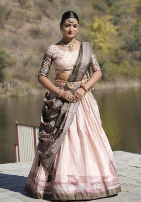 Peach Printed Silk Blend Lehenga Set
