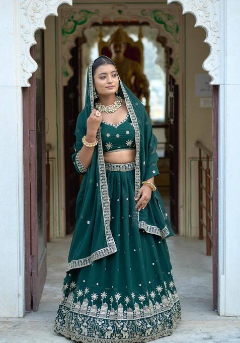 Green Embroidery Georgette Lehenga Set
