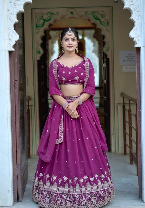 Wine Embroidery Georgette Lehenga Set