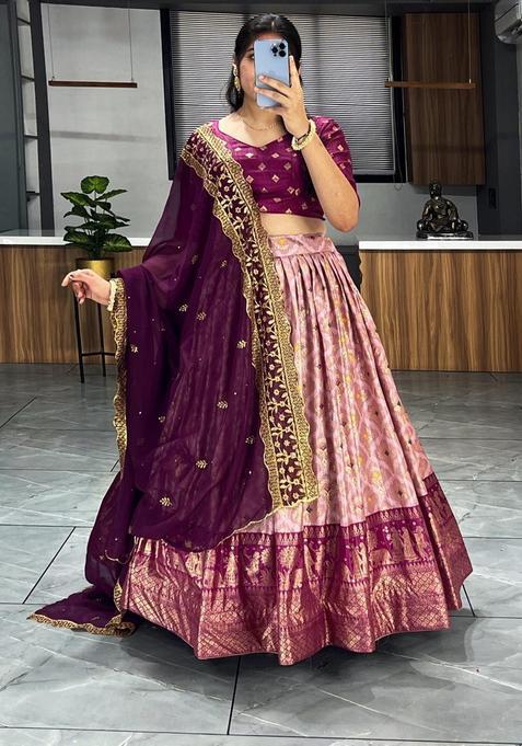 Wine Printed Silk Lehenga Set