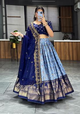 Navy Blue Printed Silk Lehenga Set