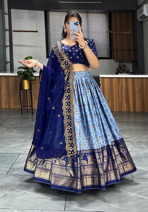 Navy Blue Printed Silk Lehenga Set