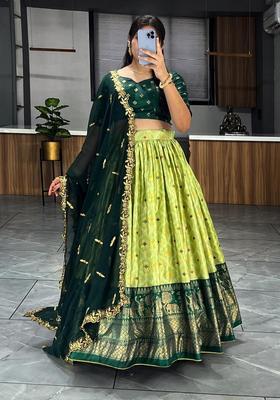 Parrot Green Printed Silk Lehenga Set