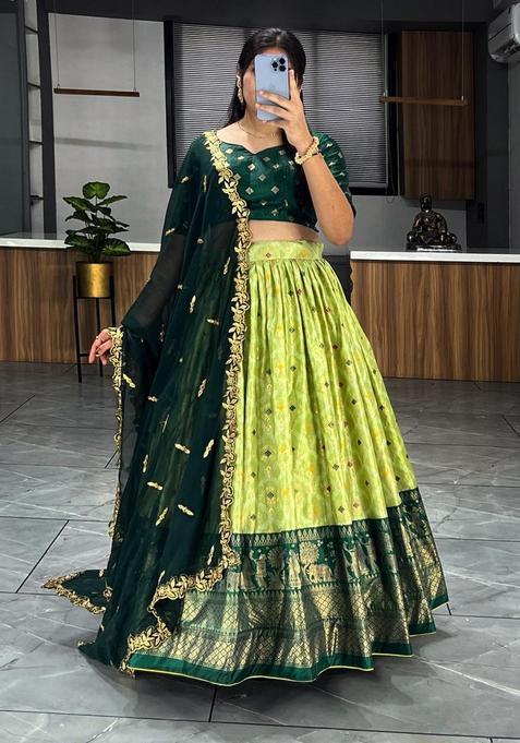 Parrot Green Printed Silk Lehenga Set