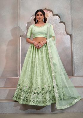 Pista Embroidery Net Lehenga Set
