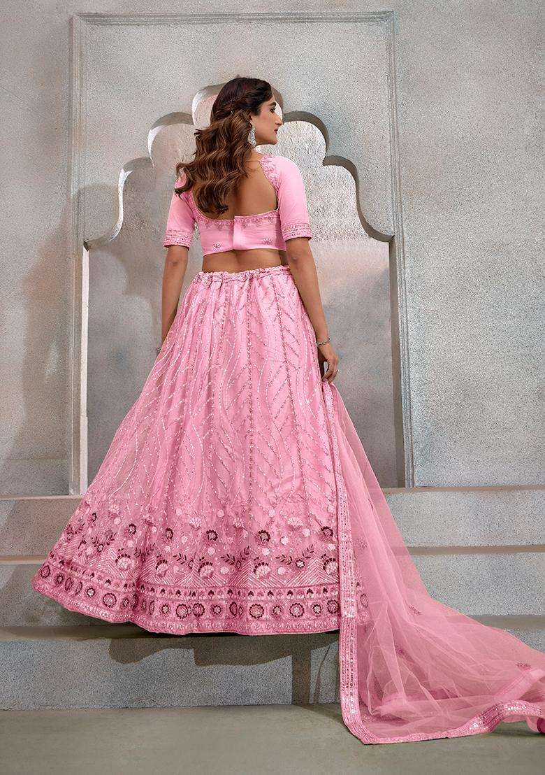 Dark Pink Embroidery Net Lehenga Set - Indya