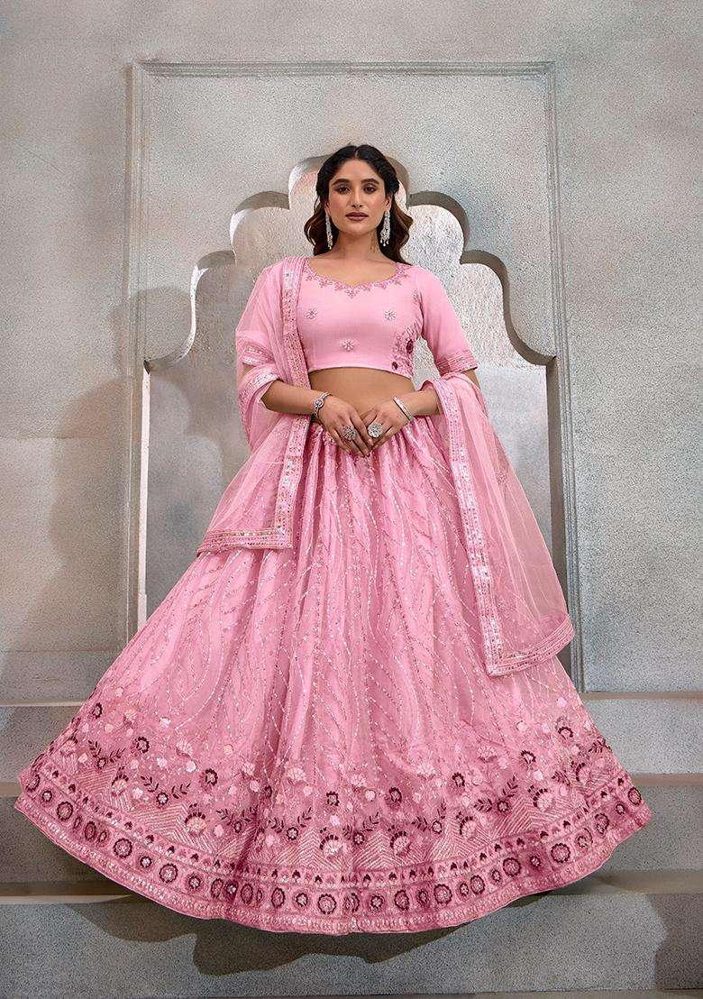 Dark Pink Embroidery Net Lehenga Set - Indya