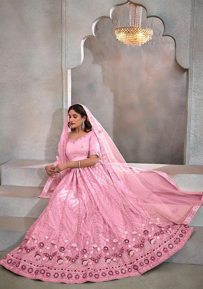 Dark Pink Embroidery Net Lehenga Set - Indya
