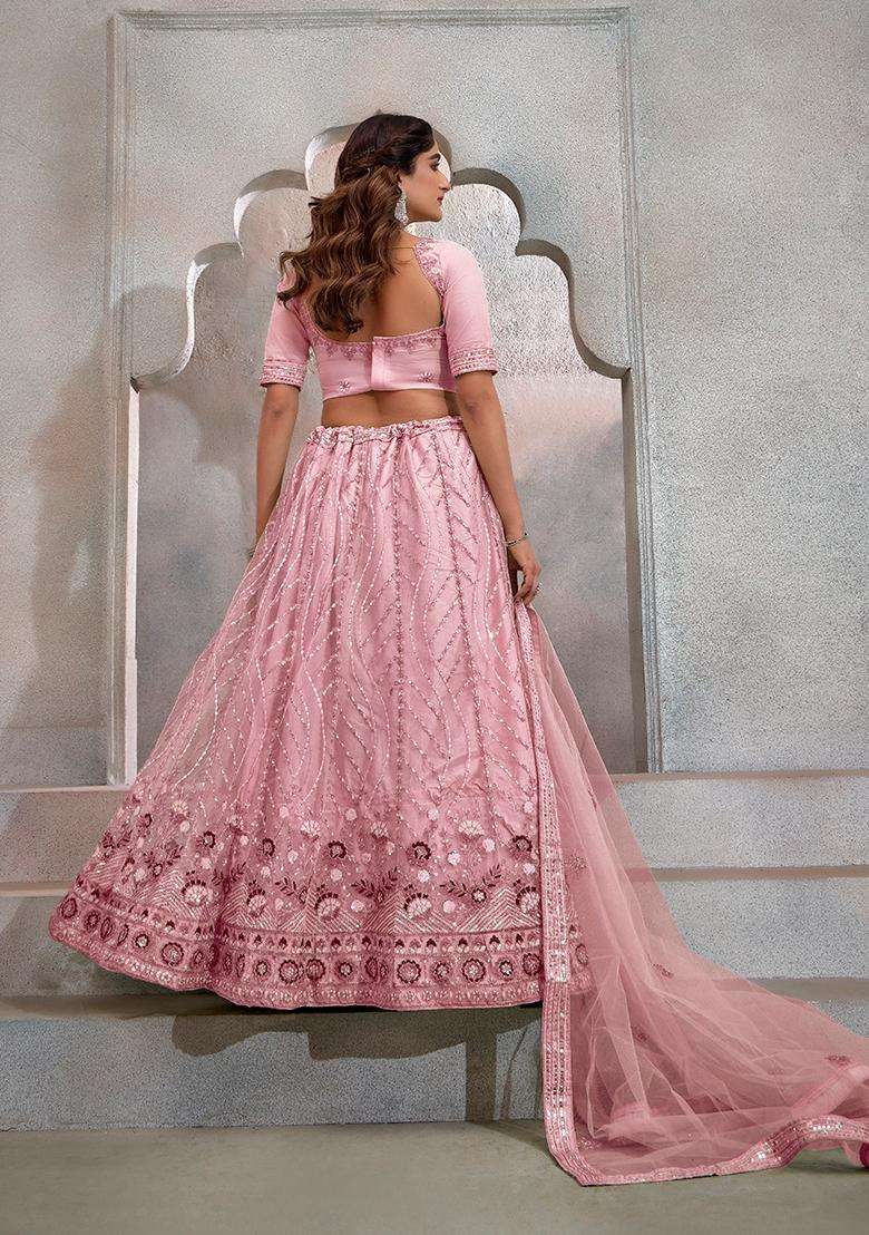 Light Pink Embroidery Net Lehenga Set - Indya