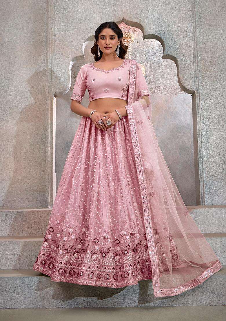 Light Pink Embroidery Net Lehenga Set - Indya