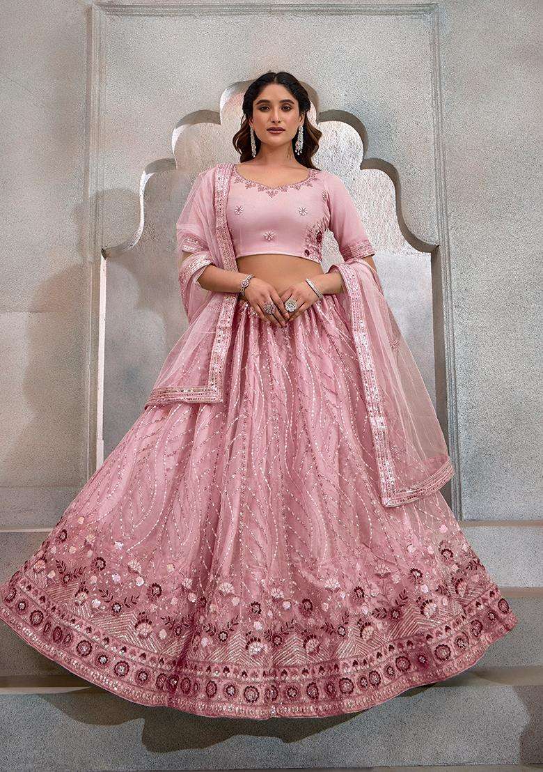 Light Pink Embroidery Net Lehenga Set - Indya