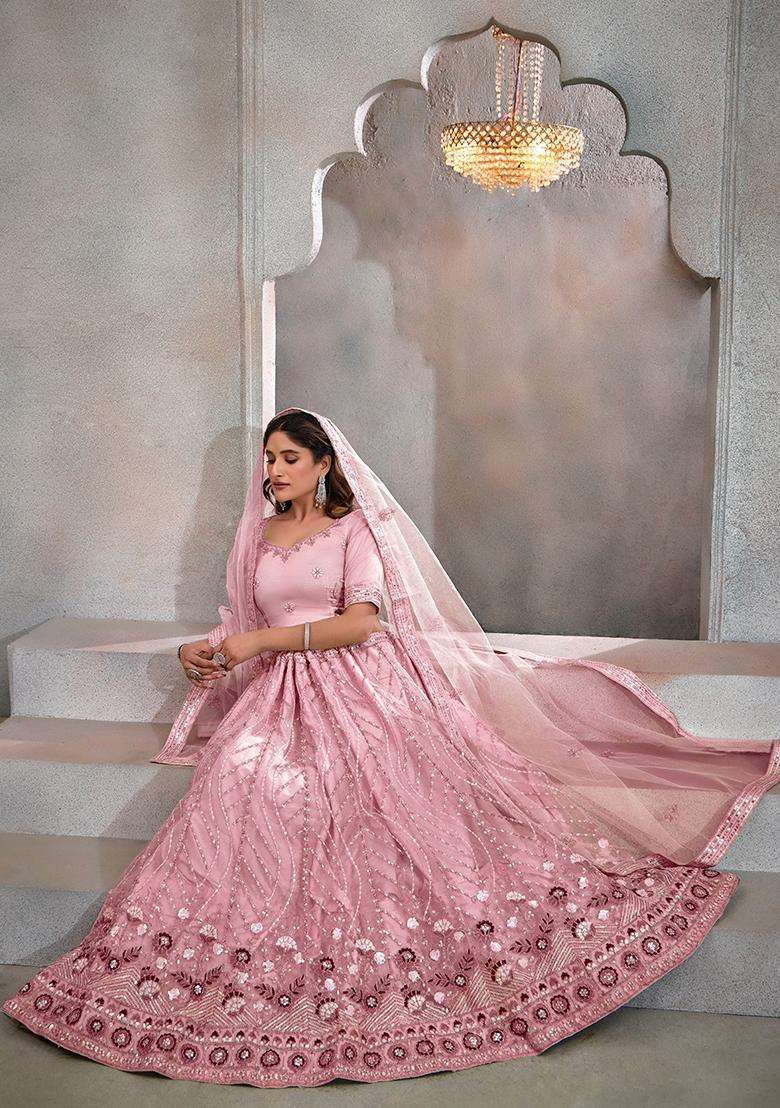 Light Pink Embroidery Net Lehenga Set - Indya