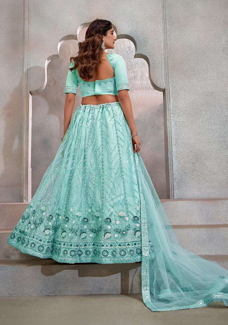 Sky Blue Embroidery Net Lehenga Set - Indya