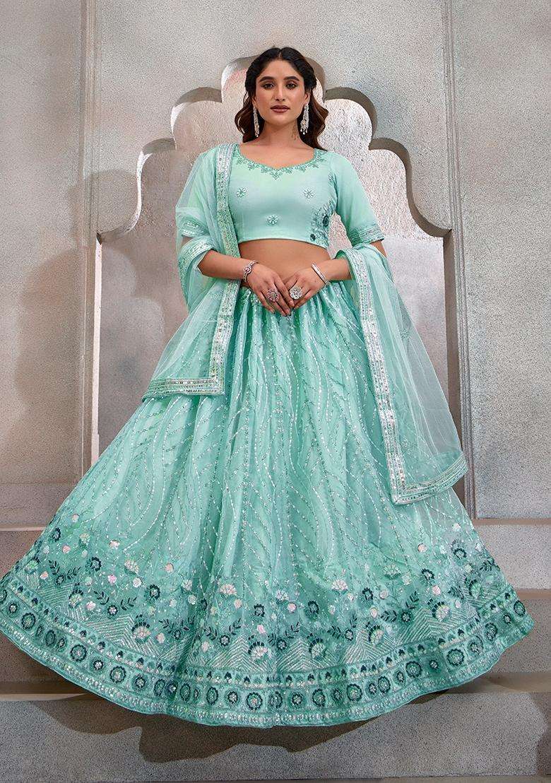 Sky Blue Embroidery Net Lehenga Set - Indya