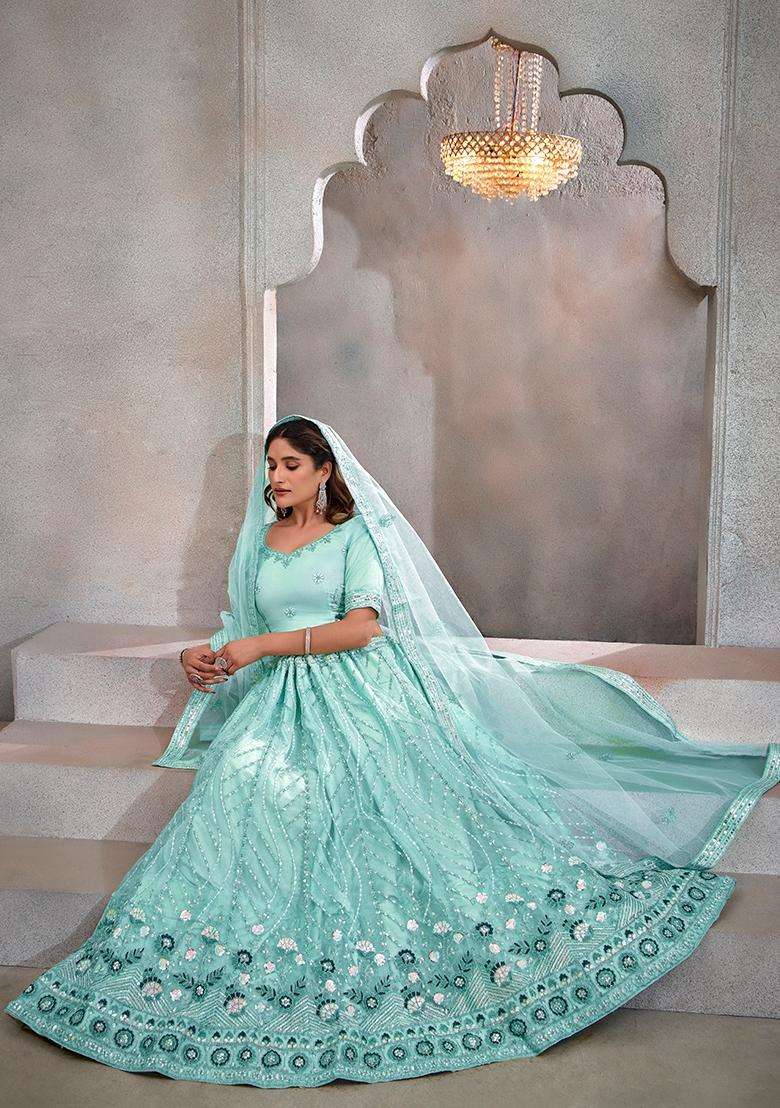 Sky Blue Embroidery Net Lehenga Set - Indya