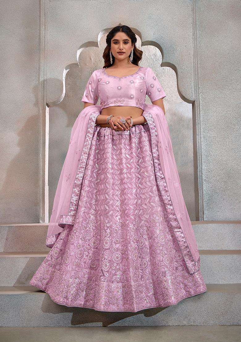 Light Pink Embroidery Net Lehenga Set - Indya