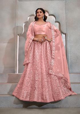 Peach Embroidery Net Lehenga Set