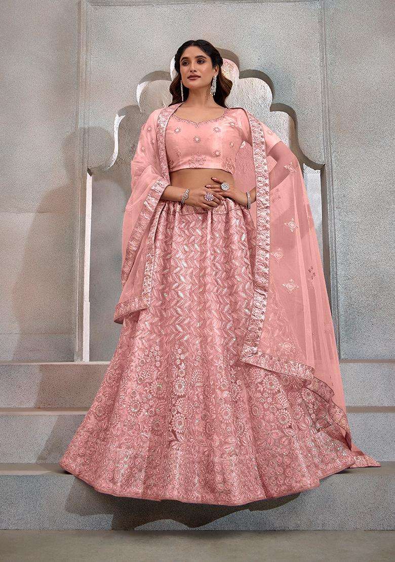 Peach Embroidery Net Lehenga Set - Indya