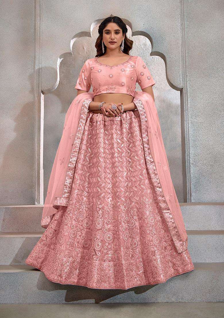 Peach Embroidery Net Lehenga Set - Indya