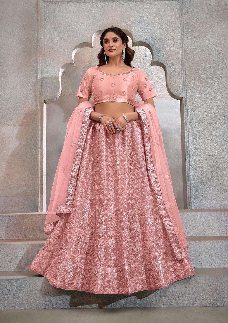 Peach Embroidery Net Lehenga Set - Indya