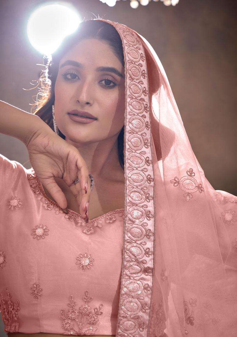 Peach Embroidery Net Lehenga Set - Indya