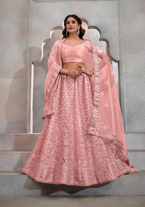 Peach Embroidery Net Lehenga Set