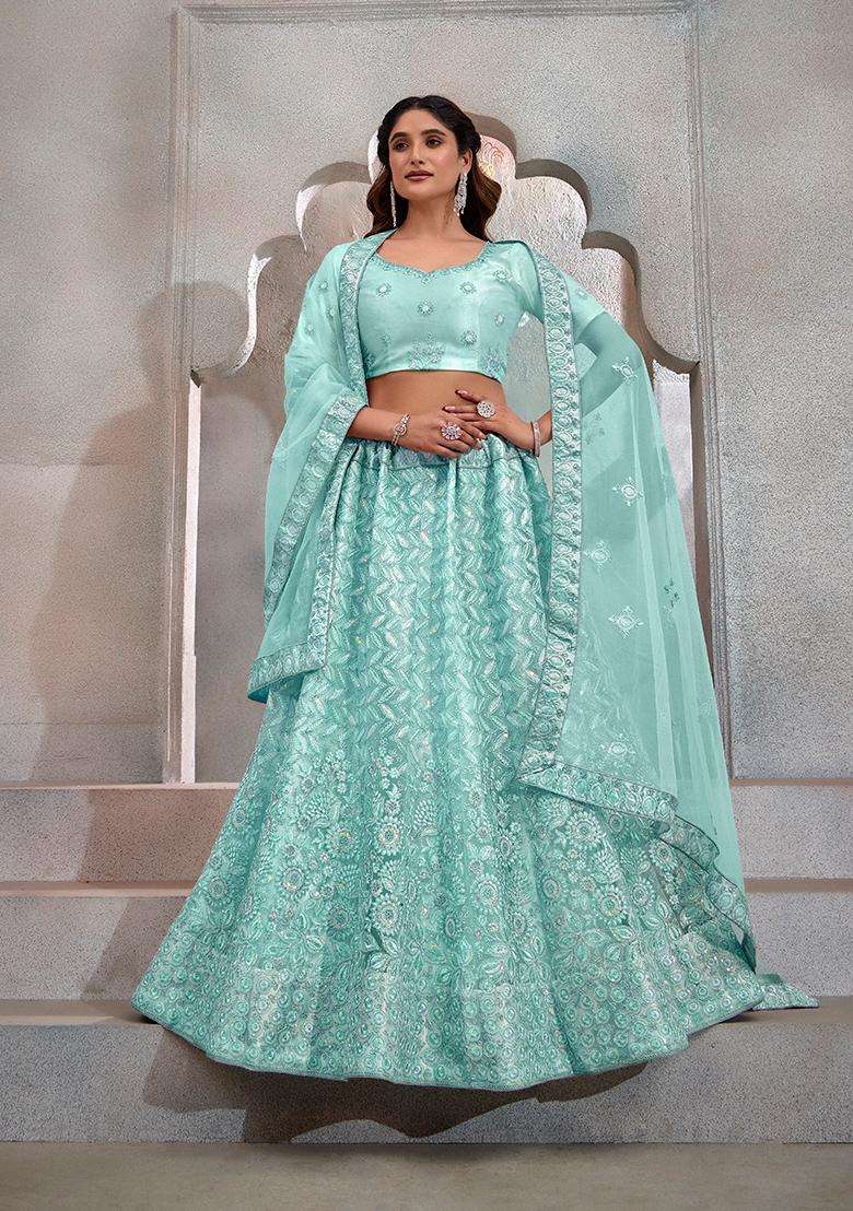 Sky Blue Embroidery Net Lehenga Set - Indya