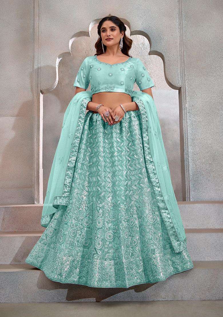 Sky Blue Embroidery Net Lehenga Set - Indya