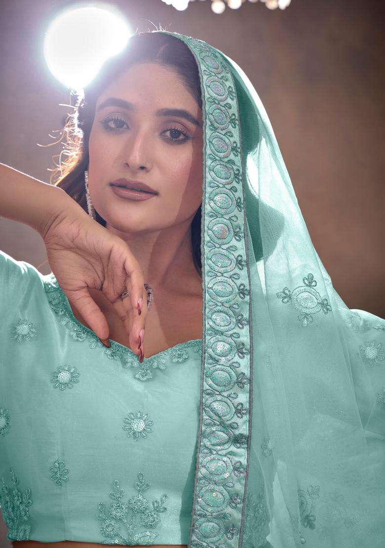 Sky Blue Embroidery Net Lehenga Set - Indya