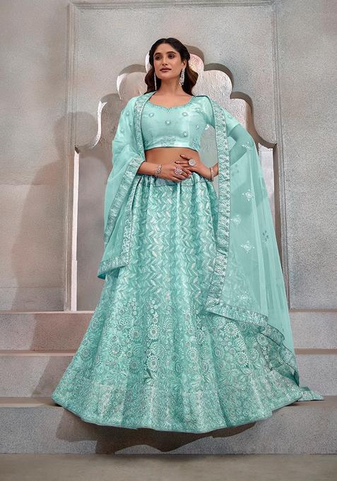 Sky Blue Embroidery Net Lehenga Set