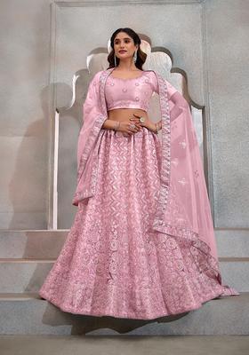 Dark Pink Embroidery Net Lehenga Set