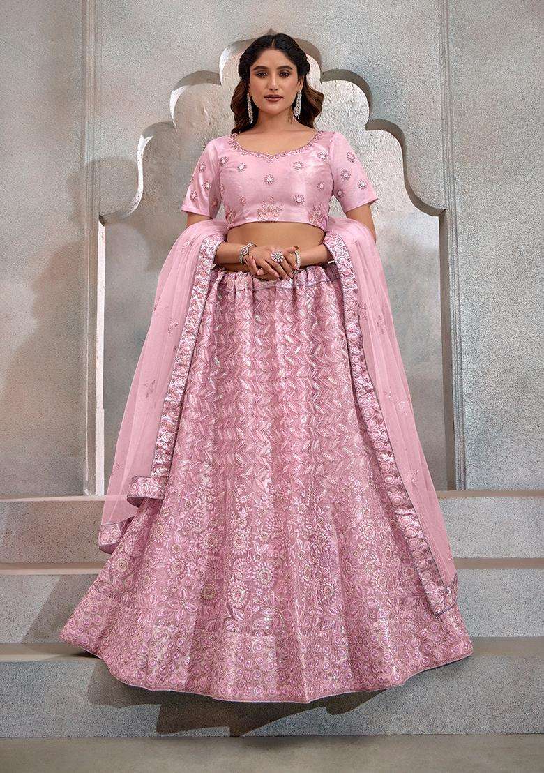 Dark Pink Embroidery Net Lehenga Set - Indya