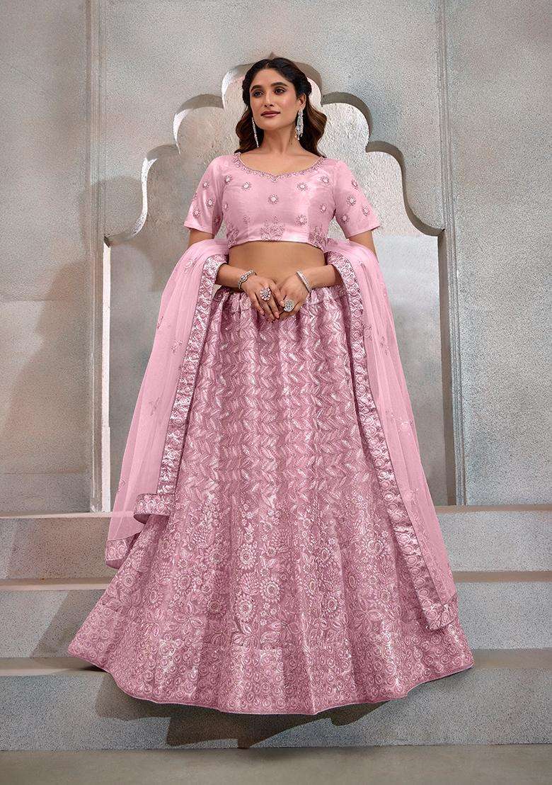 Dark Pink Embroidery Net Lehenga Set - Indya