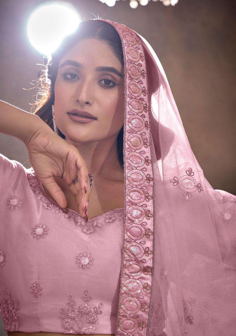 Dark Pink Embroidery Net Lehenga Set - Indya