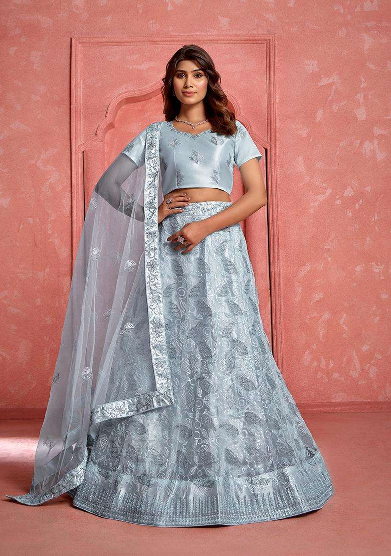 Grey Embroidery Net Lehenga Set - Indya