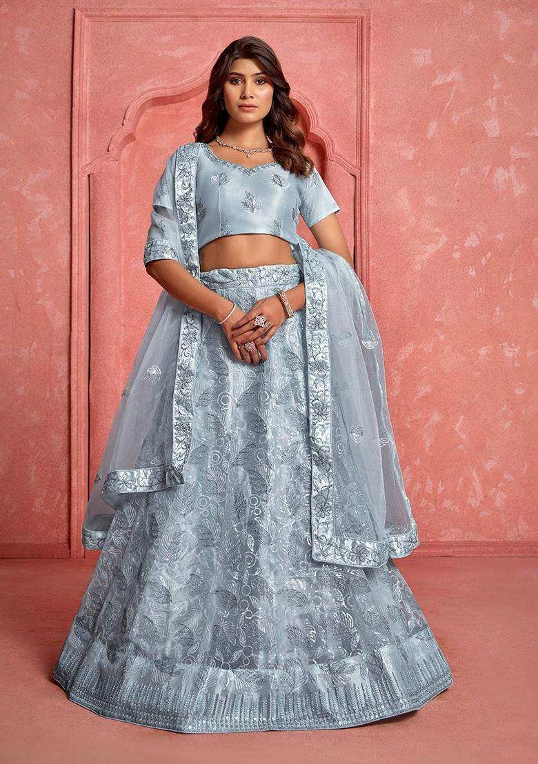 Grey Embroidery Net Lehenga Set - Indya
