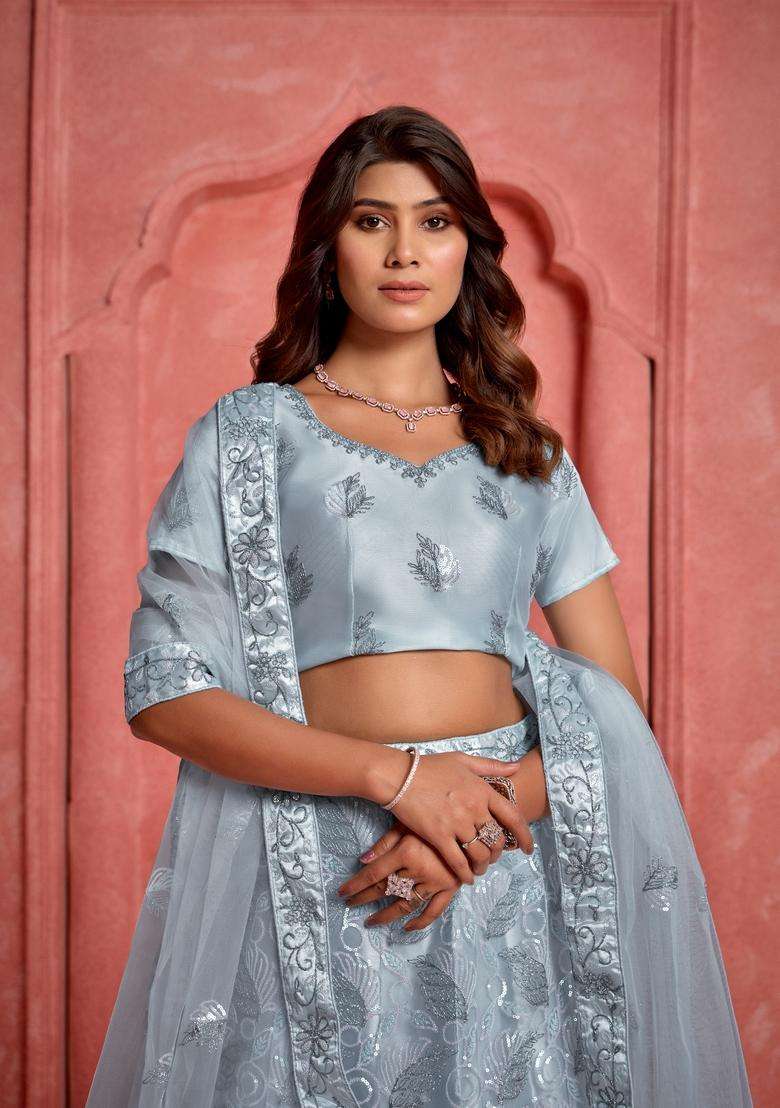 Grey Embroidery Net Lehenga Set - Indya