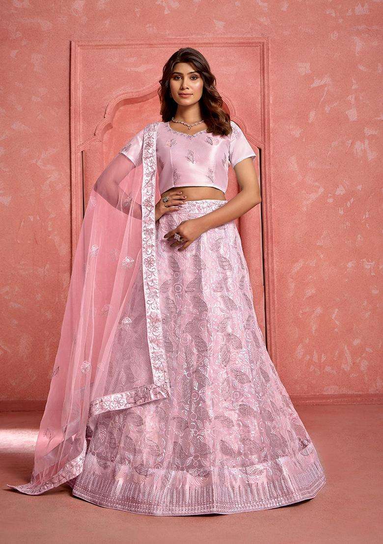 Pink Embroidery Net Lehenga Set - Indya