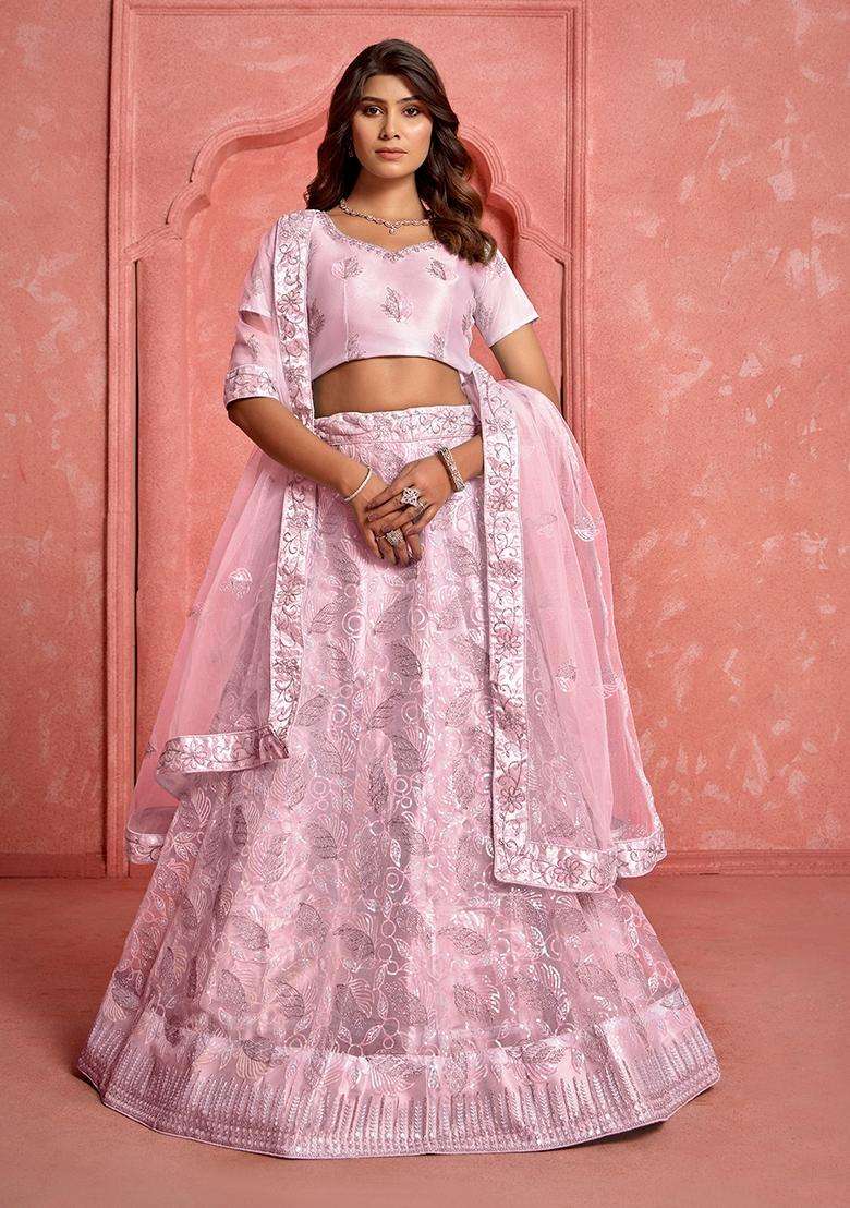 Pink Embroidery Net Lehenga Set - Indya
