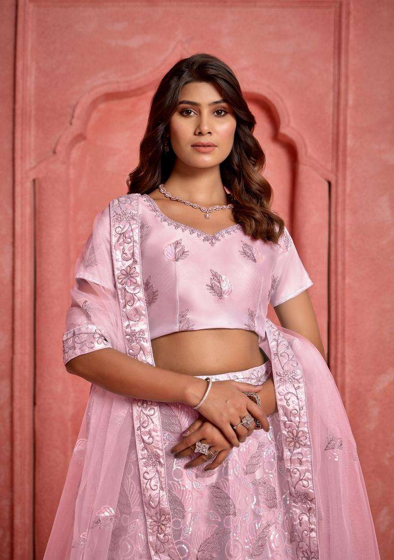 Pink Embroidery Net Lehenga Set - Indya