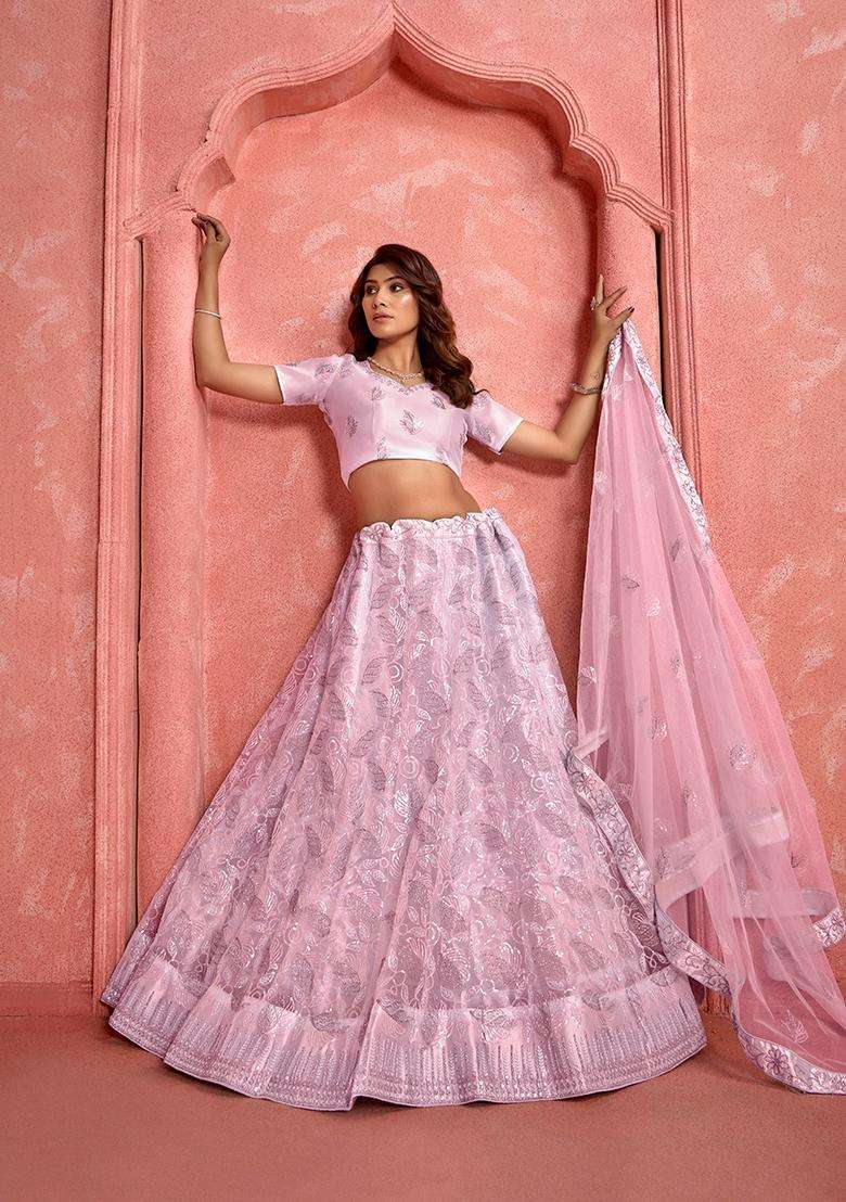 Pink Embroidery Net Lehenga Set - Indya