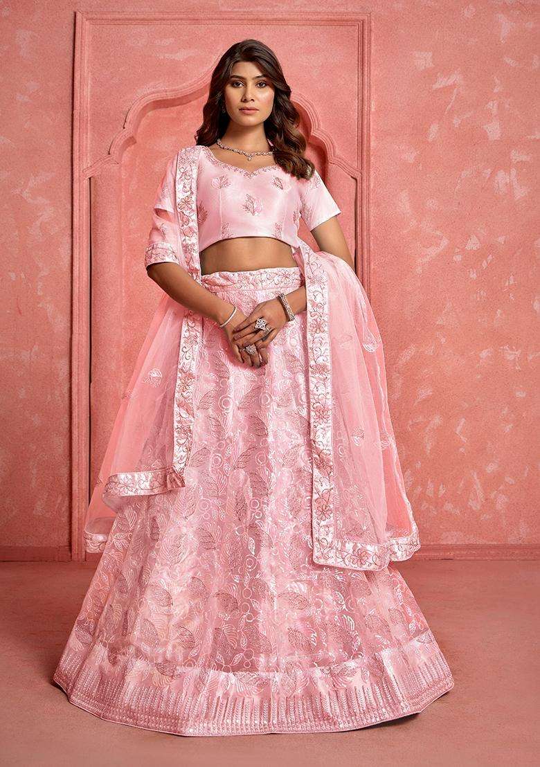 Peach Embroidery Net Lehenga Set - Indya